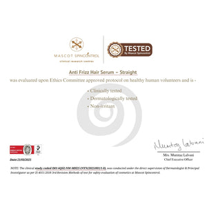 Mascot Spincontrol certificate confirming Truth & Hair Anti Frizz Hair Serum Straight is dermatologically tested