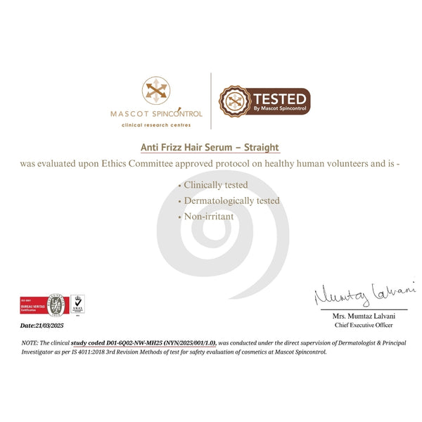 Mascot Spincontrol certificate confirming Truth & Hair Anti Frizz Hair Serum Straight is dermatologically tested