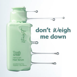 Truth & Hair frizz control serum for straight hair green bottle shown with transparent droplets floating around it