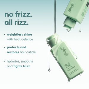 Two Truth & Hair hair straightening serum green bottles shown tilted with serum dripping down against a light background