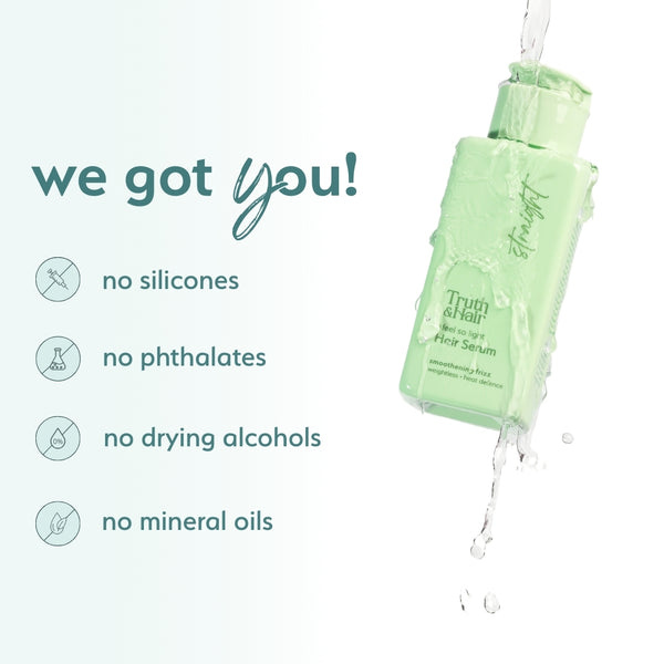 Truth & Hair Hair Serum green bottle shown under a water splash highlighting it is free of silicones and mineral oils