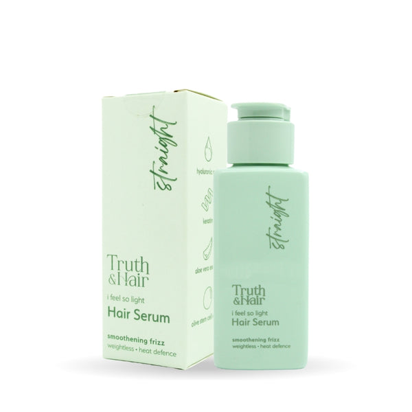 Truth & Hair straight Hair Serum green bottle placed beside its green packaging box on a clean white background